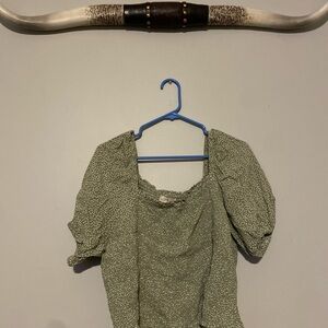 LOFT Green Smocked Blouse with Cuffed Puffed Sleeves